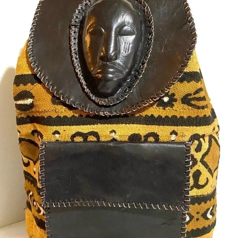 Handmade unisex Africa mud cloth leather backpack